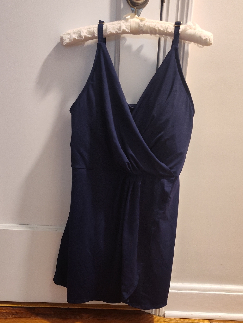 Navy Swim Dress, Surplice Bodice Detail with Adjustable Straps.